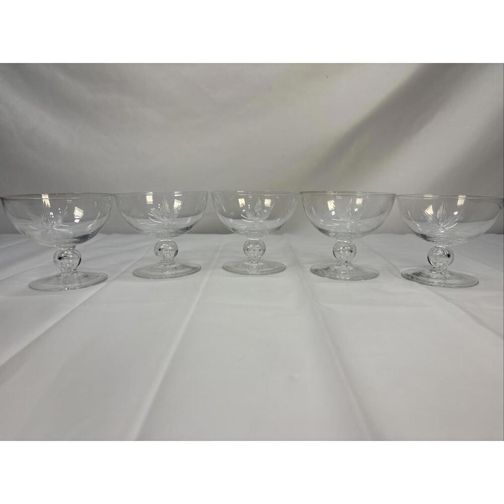 VTG  Etched Starburst Cut Glass Goupes- Set of 5- Mid Century Stemware